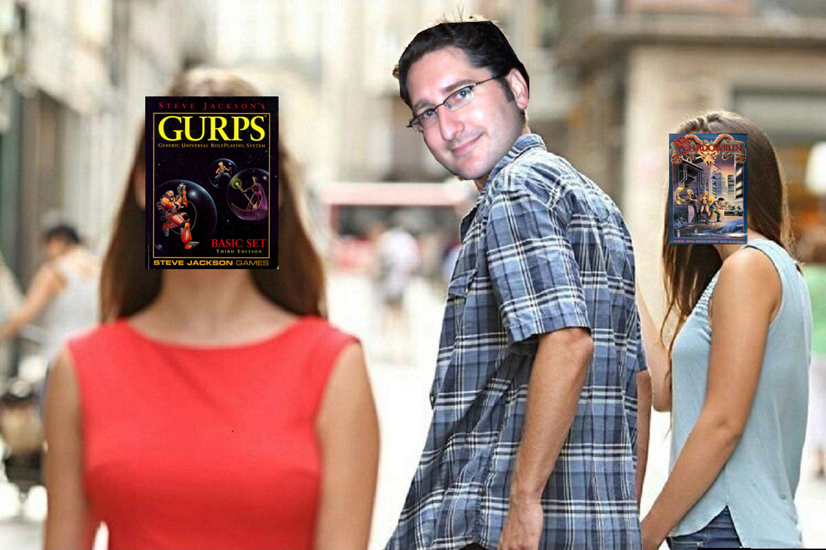 The Distracted Boyfriend meme, with the Shadowrun rulebook pasted over the girlfriend, the GURPS 3E rulebook over the passing woman and my face (circa 2004) pasted over the boyfriend's.